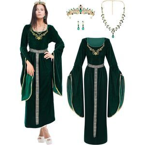4 Pcs Medieval Women Princess Dress with Waistband Renaissance Green L